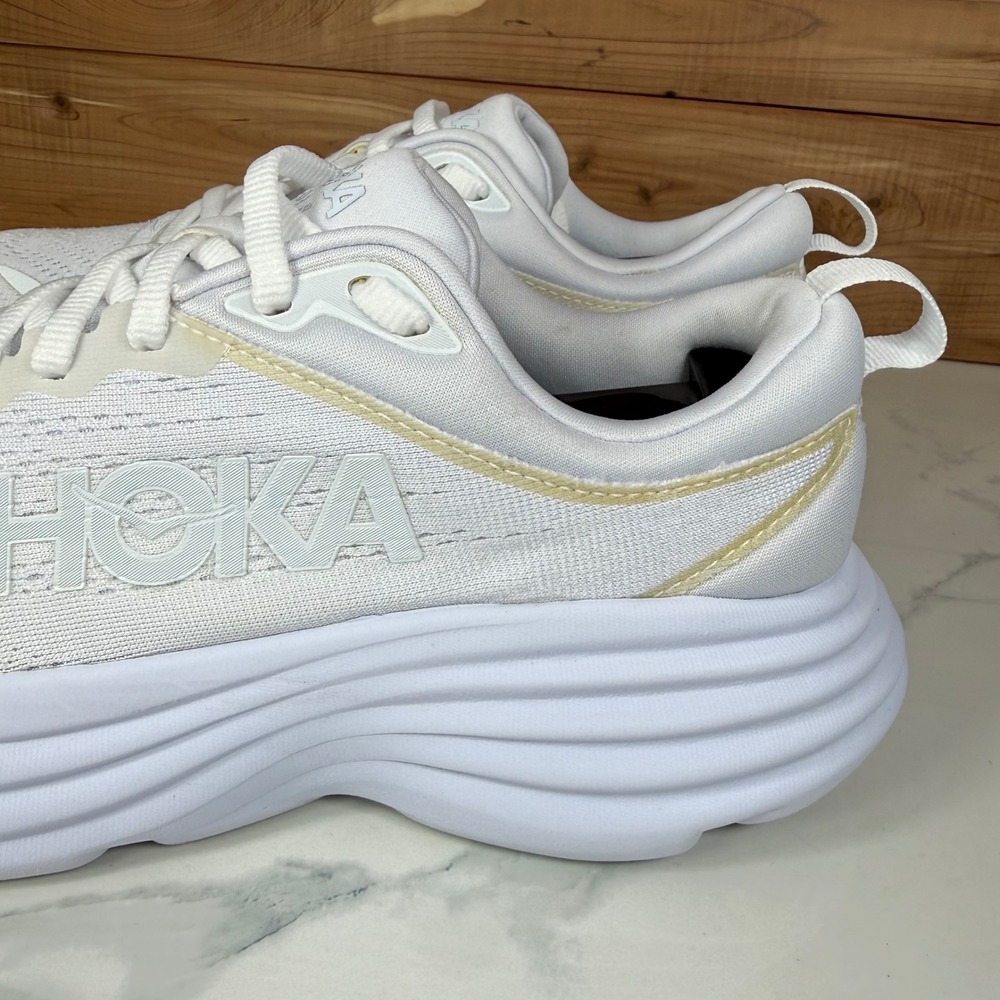 Hoka One One White Athletic Running Shoes with Subtle Gold Trim - Picture 4 of 16
